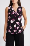 ANNE KLEIN ANNE KLEIN ABSTREACT FLORAL PLEAT V-NECK SLEEVELESS TOP