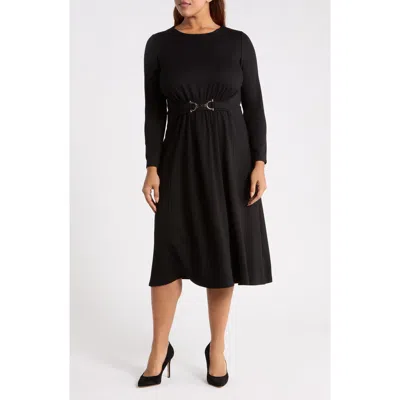 Anne Klein Accent Waist Long Sleeve Midi Dress In Black