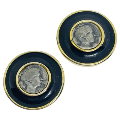 Pre-owned Anne Klein Ak  Signed Vintage Gold Tone Silver Coin Enamel Designer Clip Earrings In Multi