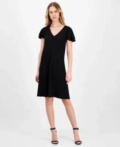 Anne Klein Ak  Womens Double Flutter Sleeve V Neck Dress P Xxs Xl In Black