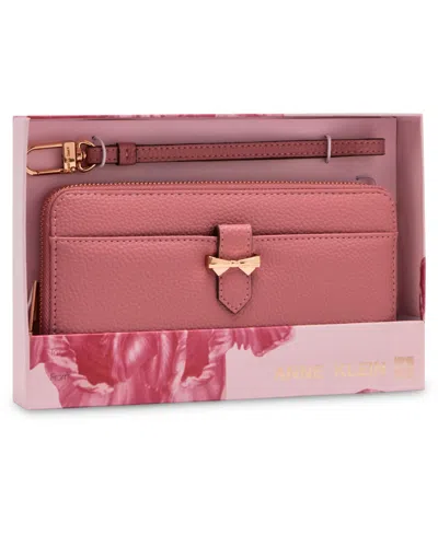 Anne Klein Ak Boxed Slim Zip Wallet With Bow Detail And Wristlet Strap In Dusty Pink