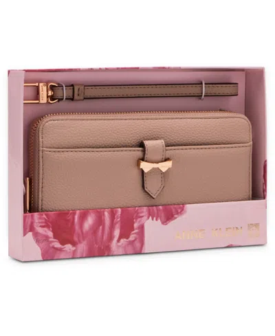 Anne Klein Ak Boxed Slim Zip Wallet With Bow Detail And Wristlet Strap In Stone
