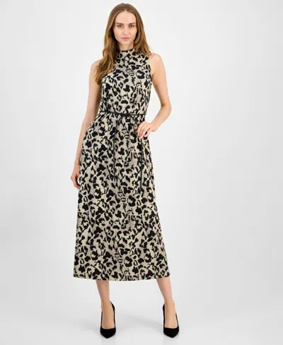 ANNE KLEIN ANEN KLEIN WOMEN'S PRINTED BELTED SLEEVELESS MIDI DRESS