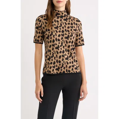 Anne Klein Animal Jacquard Short Sleeve Sweater In Brown