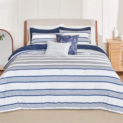 Anne Klein Archer Stripe 5-piece Cotton Blend Comforter Set In Blue