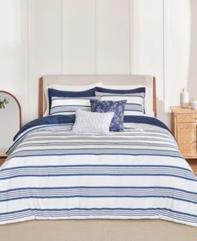 Anne Klein Archer Stripe Cotton Blend Comforter Sets In Blue