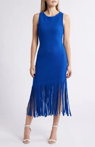 Anne Klein Asymmetric Fringe Hem Knit Dress In Santorini Blue