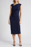 ANNE KLEIN ASYMMETRIC NECK SIDE RUCHED MIDI SHEATH DRESS