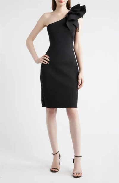 Anne Klein Asymmetric Ruffle One-shoulder Sheath Cocktail Dress In Black