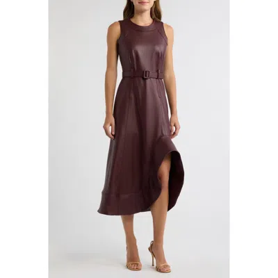 Anne Klein Asymmetrical Hem Faux Leather A-line Midi Dress In Barolo