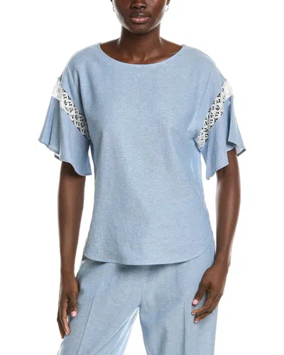 Anne Klein Batteau Neck Linen-blend Blouse In Blue