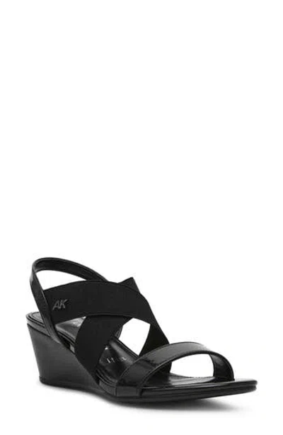 Anne Klein Bellamy Wedge Sandal In Black Stretch Patent