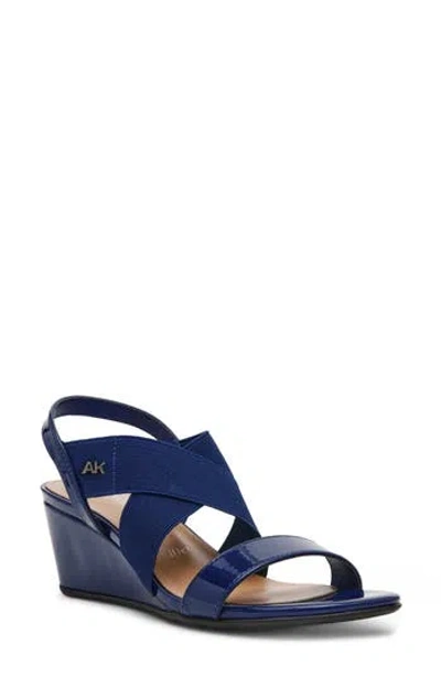 Anne Klein Bellamy Wedge Sandal In Navy Stretch Patent