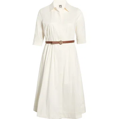 Anne Klein Belted Elbow Sleeve Stretch Cotton Sateen Shirtdress In White