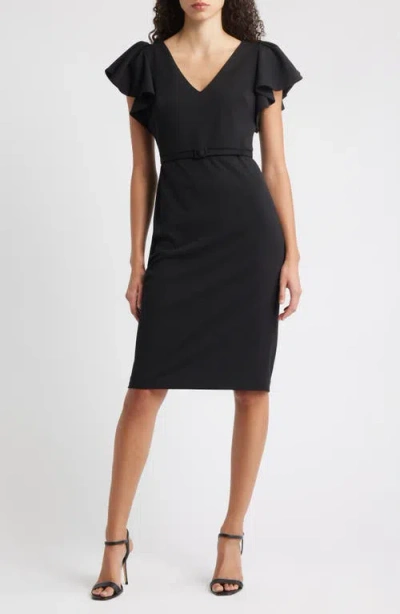 Anne Klein Belted Flutter Sleeve Sheath Dress In Gold
