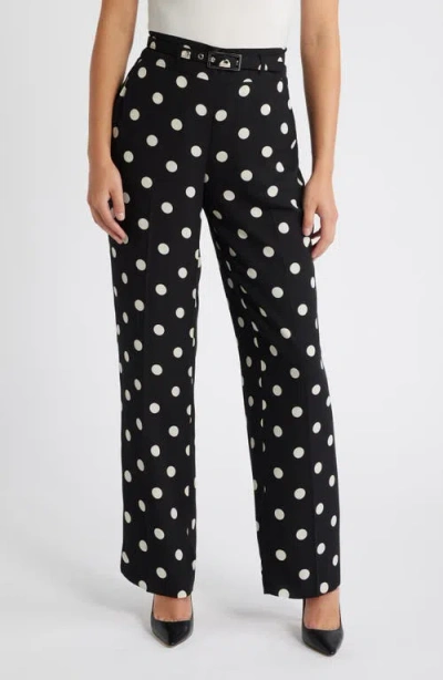 Anne Klein Belted High Waist Polka Dot Wide Leg Pants In Black
