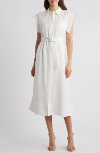 Anne Klein Belted Linen Blend Midi Shirtdress In Bright White