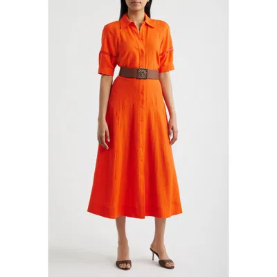 Anne Klein Belted Linen Blend Shirtdress In Orange
