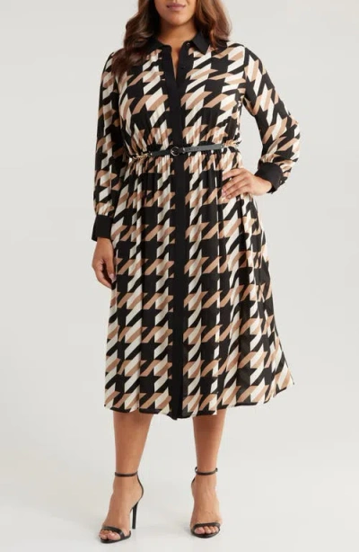 Anne Klein Belted Long Sleeve Shirtdress In Anne Black