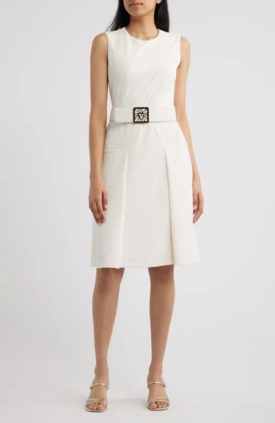 Anne Klein Belted Panel Jewel Neck Dress In White
