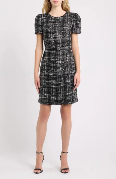 Anne Klein Belted Puff Sleeve Midi Dress In Anne Black/white