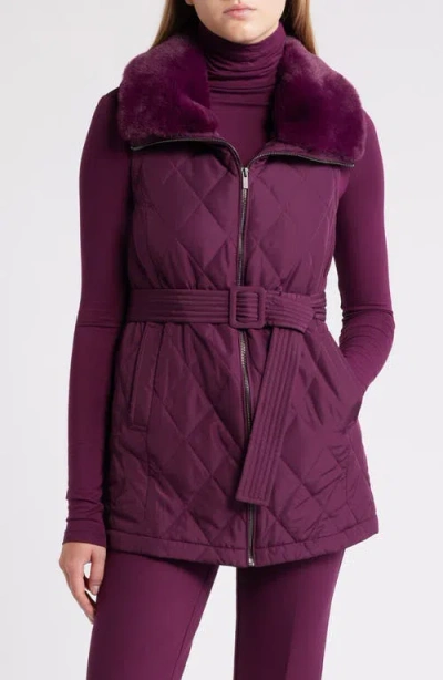 Anne Klein Belted Zip Front Quilted Vest With Faux Fur Collar In Deep Plum