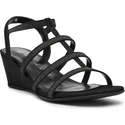 Anne Klein Bijou Strappy Wedge Sandal In Black Shimmer