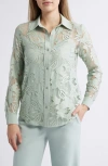 Anne Klein Womens Collared Lace Button Front Shirt Liberty Stretch High Rise Wide Leg Pull On Pants In Green