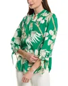 Anne Klein Palm Print Tie Cuff Crepe Top In Green