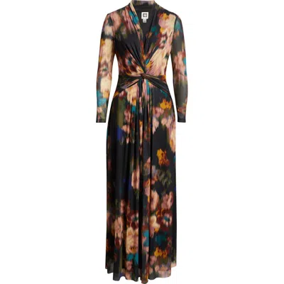 Anne Klein Blurred Floral Twist Front Long Sleeve Mesh Maxi Dress In Multi
