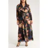 Anne Klein Blurred Floral Twist Front Long Sleeve Mesh Maxi Dress In Multi