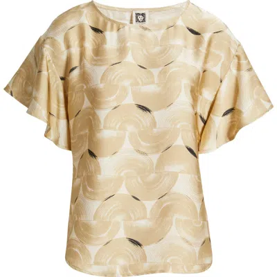 Anne Klein Boat Neck Flutter Sleeve Top In Safari Multi