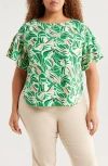 Anne Klein Boat Neck Flutter Sleeve Top In Tropical Green Multi