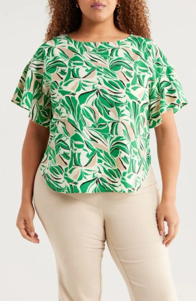 Anne Klein Boat Neck Flutter Sleeve Top In Tropical Green Multi
