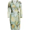 Anne Klein Botanical Print Long Sleeve Mesh Wrap Dress In Green