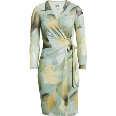 Anne Klein Botanical Print Long Sleeve Mesh Wrap Dress In Green