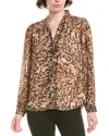 Anne Klein Womens Printed Pleated Sleeve Button Front Top P Xxs Xxl In Brown