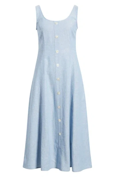 Anne Klein Button Detail Linen Blend Tank Dress In Blue