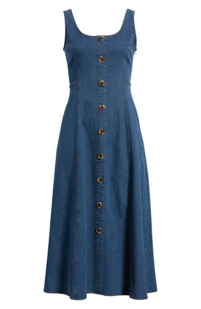 Anne Klein Button Detail Sleeveless Flared Denim Dress In Blue