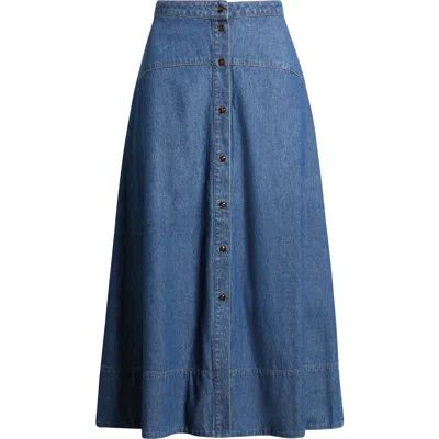 Anne Klein Button Front Denim Midi Skirt In Blue