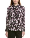 Anne Klein Floral Tie Neck Long Sleeve Top In Black