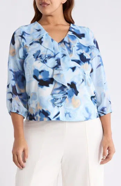 Anne Klein Cascade Ruffle Floral Print Top In Multi
