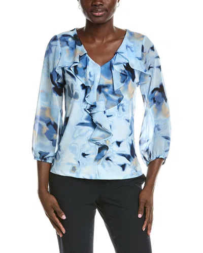 Anne Klein Cascade Ruffle Front Top In Blue