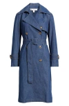 Anne Klein Chambray Double Breasted Belted Trench Coat In Blue