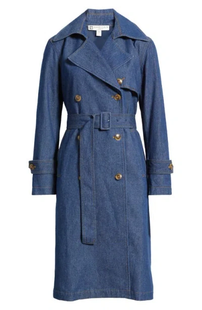 Anne Klein Chambray Double Breasted Belted Trench Coat In Blue