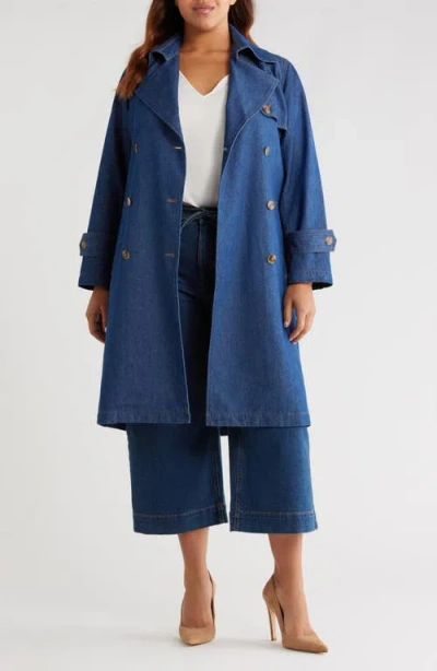Anne Klein Chambray Double Breasted Belted Trench Coat In Blue