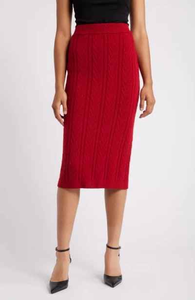 Anne Klein Chevron Stitch Cable Knit Midi Pencil Skirt In Titian Red