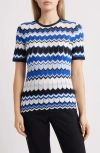 Anne Klein Chevron Stitch Crewneck Cotton Blend Sweater In Santorini Blue Multi