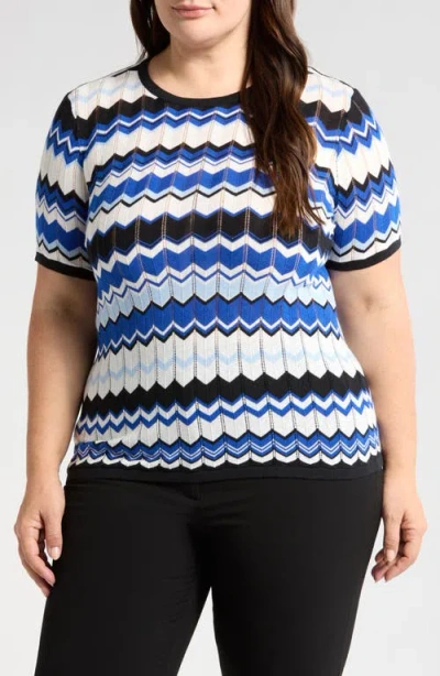 Anne Klein Chevron Stitch Crewneck Cotton Blend Sweater In Santorini Blue Multi