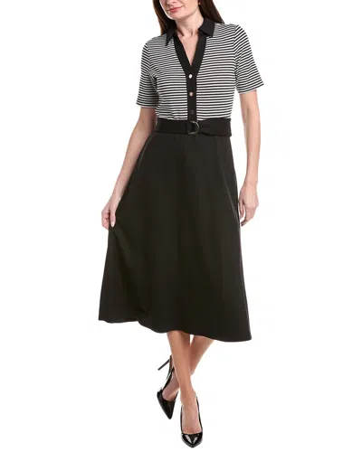 Anne Klein Collared Combo A-line Midi Dress In Black